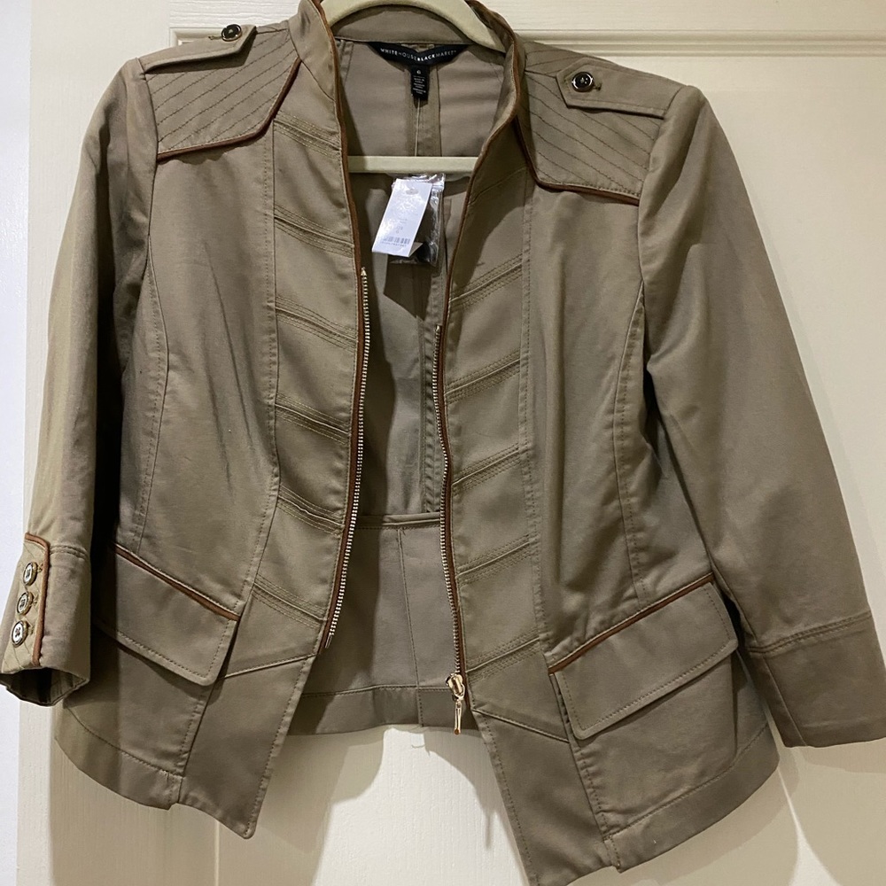 White House Black Market zippered khaki jacket.